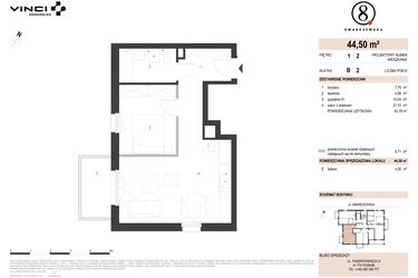 Rzut - Mieszkanie na sprzedaż 2 pokoje o powierzchni 44,5 m² - numer B/1/2 w Smardzewska 8