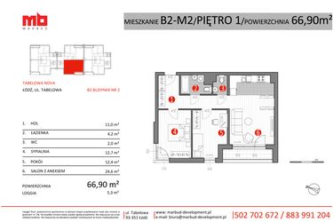 Rzut - Mieszkanie na sprzedaż 3 pokoje o powierzchni 66,9 m² - numer B2-M2 w Tabelowa NOVA