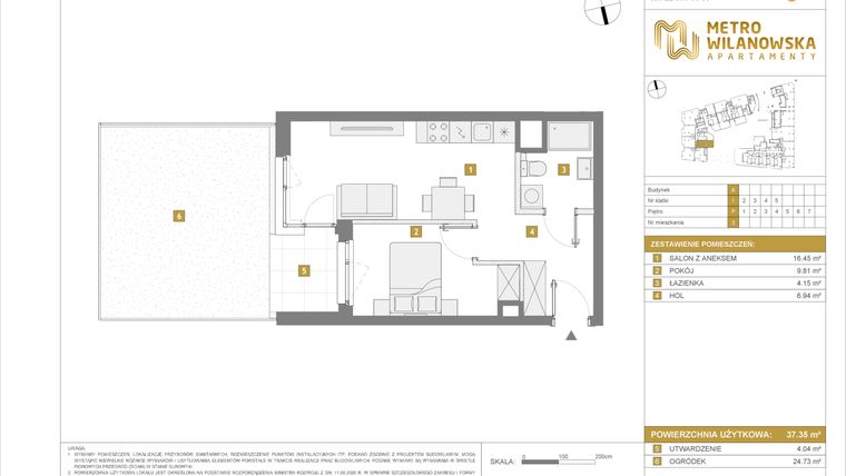 Rzut - Mieszkanie na sprzedaż 2 pokoje o powierzchni 37,35 m² - numer 3 w Apartamenty Metro Wilanowska