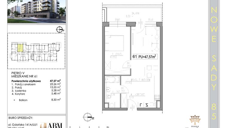 Rzut - Mieszkanie na sprzedaż 2 pokoje o powierzchni 47,68 m² - numer 61 w Nowe Sady 85