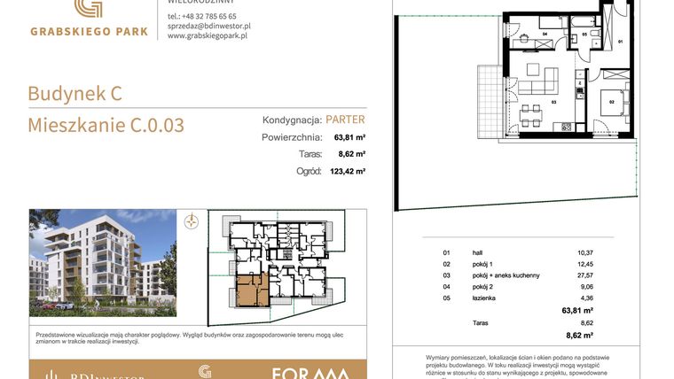 Rzut - Mieszkanie na sprzedaż 3 pokoje o powierzchni 63,81 m² - numer C.0.03 w Grabskiego Park