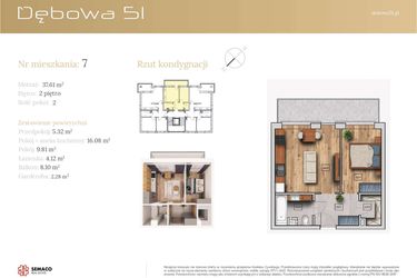 Rzut - Mieszkanie na sprzedaż 2 pokoje o powierzchni 37,61 m² - numer 51A.M7 w Dębowa 51