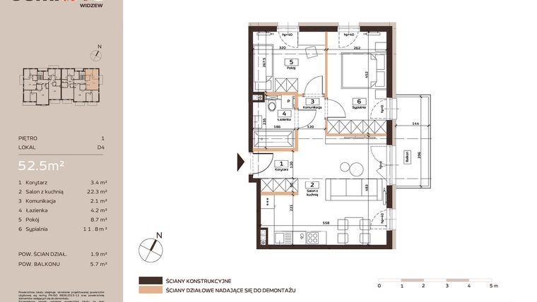 Rzut - Mieszkanie na sprzedaż 3 pokoje o powierzchni 52,5 m² - numer D4 w Domkove Widzew