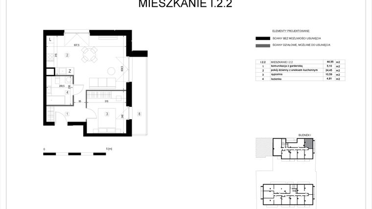 Rzut - Mieszkanie na sprzedaż 2 pokoje o powierzchni 45,01 m² - numer I.2.2 w Pryncypalna 66