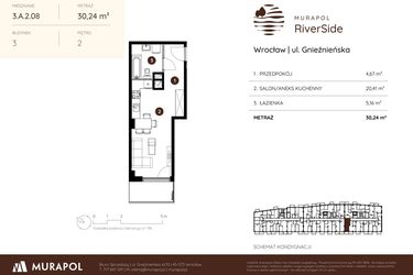 Rzut - Mieszkanie na sprzedaż 1 pokój o powierzchni 30,2 m² - numer 3.A.2.08 w Murapol RiverSide