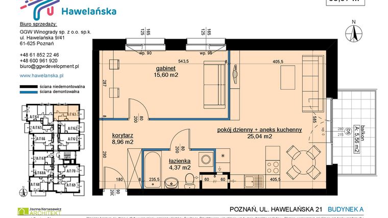 Rzut - Mieszkanie na sprzedaż 2 pokoje o powierzchni 54,27 m² - numer A/7/63 w Osiedle Hawelańska etap III - bud. A