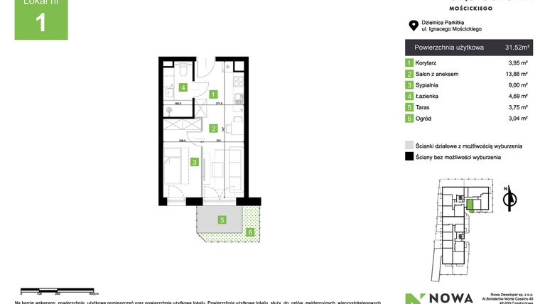 Rzut - Mieszkanie na sprzedaż 2 pokoje o powierzchni 31,52 m² - numer M1 w Nowa Częstochowa Mościckiego