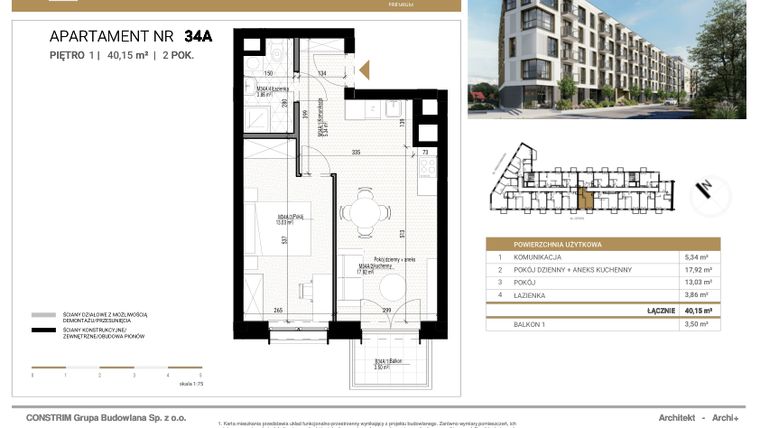 Rzut - Mieszkanie na sprzedaż 2 pokoje o powierzchni 40,15 m² - numer 34a w Czysta Premium