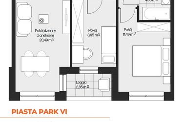 Rzut - Mieszkanie na sprzedaż 3 pokoje o powierzchni 49,62 m² - numer G1-53 w Piasta Park VI