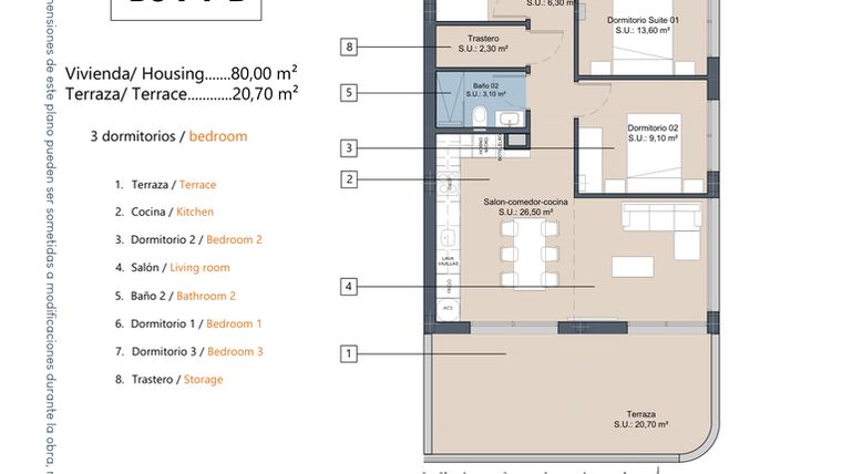 Rzut - Mieszkanie na sprzedaż 3 pokoje o powierzchni 80 m² - numer 1-P1-D w Apartamenty w Los Alcázares - 49717964