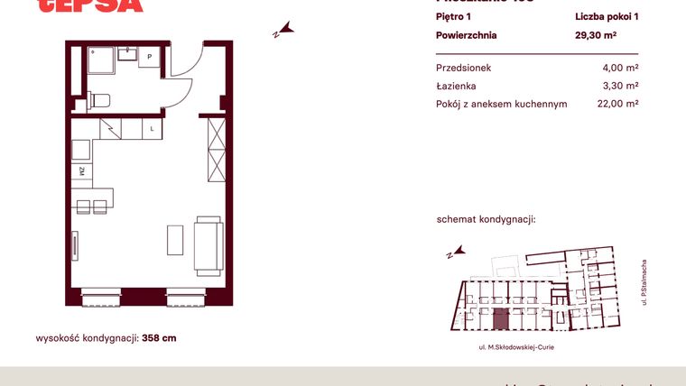 Rzut - Mieszkanie na sprzedaż 1 pokój o powierzchni 29,3 m² - numer M103 w Tepsa Kato