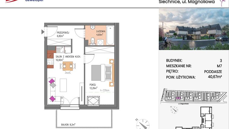 Rzut - Mieszkanie na sprzedaż 2 pokoje o powierzchni 40,67 m² - numer Bud.3-7 w Willa Magnolia