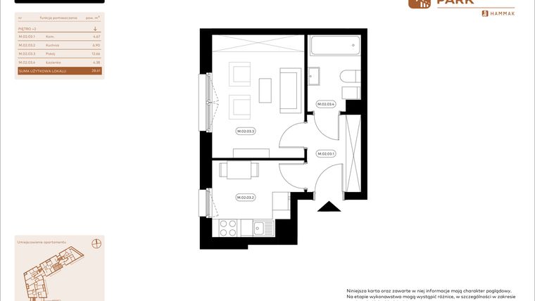 Rzut - Mieszkanie na sprzedaż 1 pokój o powierzchni 28,61 m² - numer 2.03 w Białoprądnicka Park