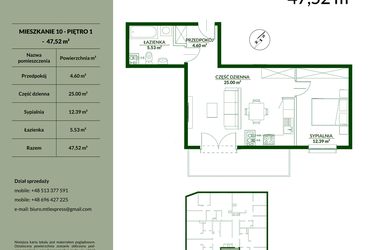 Rzut - Mieszkanie na sprzedaż 2 pokoje o powierzchni 47,52 m² - numer 10 w Bukowa etap II