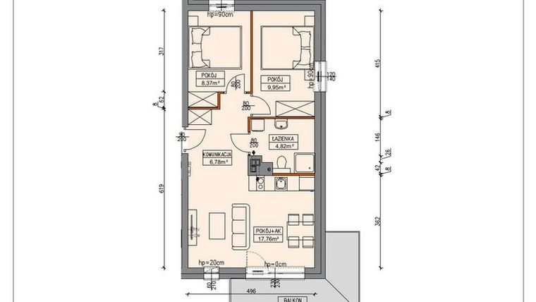 Rzut - Mieszkanie na sprzedaż 3 pokoje o powierzchni 47,91 m² - numer B4.0.2.3A w Stegna Park II
