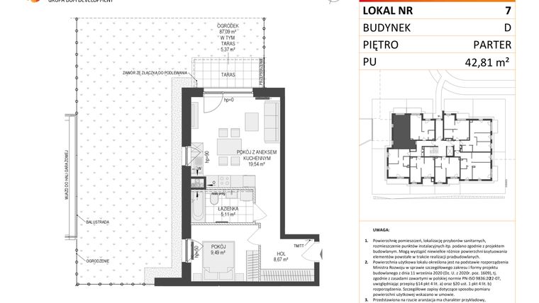 Rzut - Mieszkanie na sprzedaż 2 pokoje o powierzchni 47,98 m² - numer D.7 w Osiedle Warszawska etap II