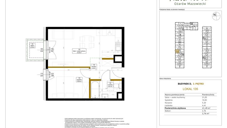 Rzut - Mieszkanie na sprzedaż 2 pokoje o powierzchni 41,49 m² - numer 135 w Aura Nova etap II