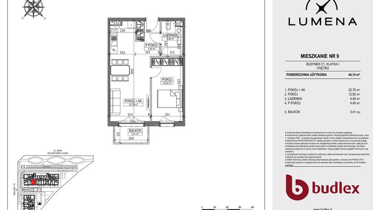 Rzut - Mieszkanie na sprzedaż 2 pokoje o powierzchni 44,14 m² - numer C1.09 w Lumena