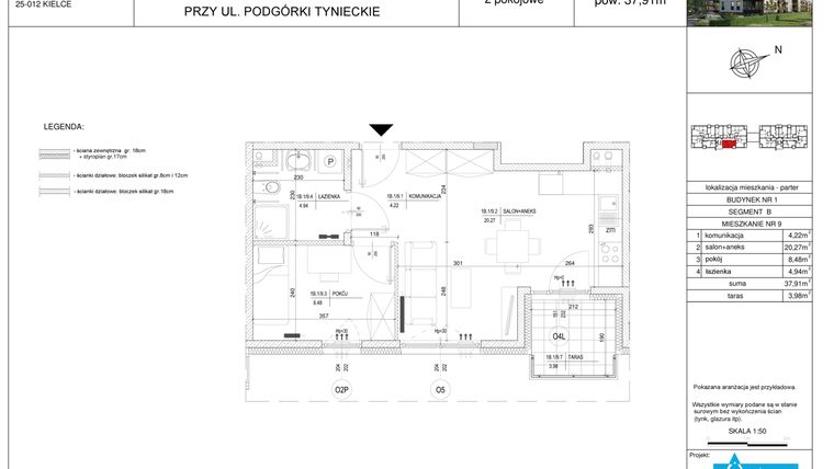 Rzut - Mieszkanie na sprzedaż 2 pokoje o powierzchni 37,91 m² - numer B9 w Podgórki Tynieckie