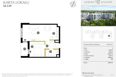 Rzut - Mieszkanie na sprzedaż 2 pokoje o powierzchni 46,99 m² - numer S6.1.09 w Ogrody Julianów