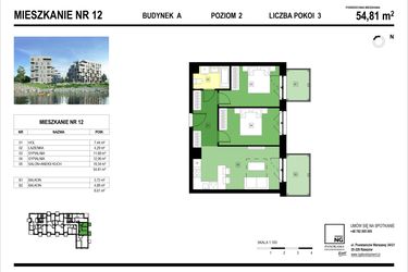 Rzut - Mieszkanie na sprzedaż 3 pokoje o powierzchni 55,11 m² - numer A.12 w Panorama Kwiatkowskiego River