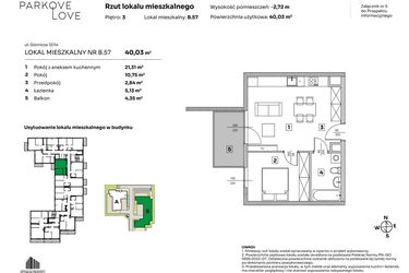 Rzut - Mieszkanie na sprzedaż 2 pokoje o powierzchni 40,03 m² - numer B.57 w Parkove Love