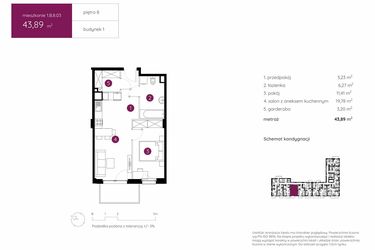 Rzut - Mieszkanie na sprzedaż 2 pokoje o powierzchni 43,89 m² - numer 1.B.8.03 w Murapol Urcity