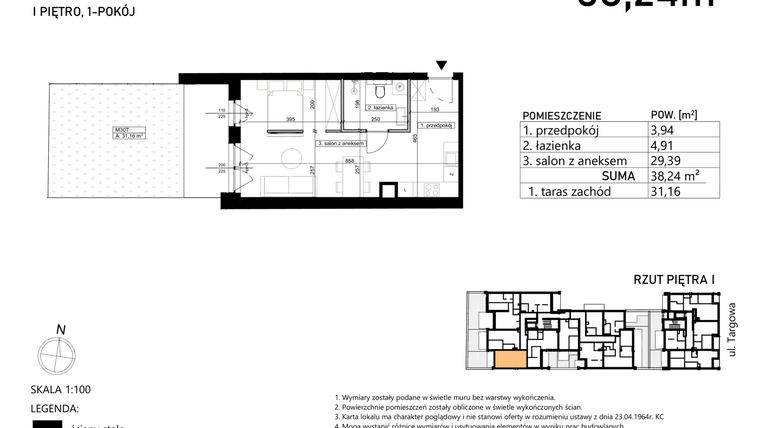 Rzut - Mieszkanie na sprzedaż 1 pokój o powierzchni 38,24 m² - numer M30 w Finezja