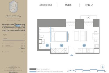 Rzut - Mieszkanie na sprzedaż 1 pokój o powierzchni 27,26 m² - numer 43 w Oficyna - mieszkania