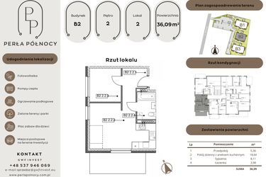 Rzut - Mieszkanie na sprzedaż 2 pokoje o powierzchni 36,09 m² - numer B2.2_2 w Perła Północy etap 2