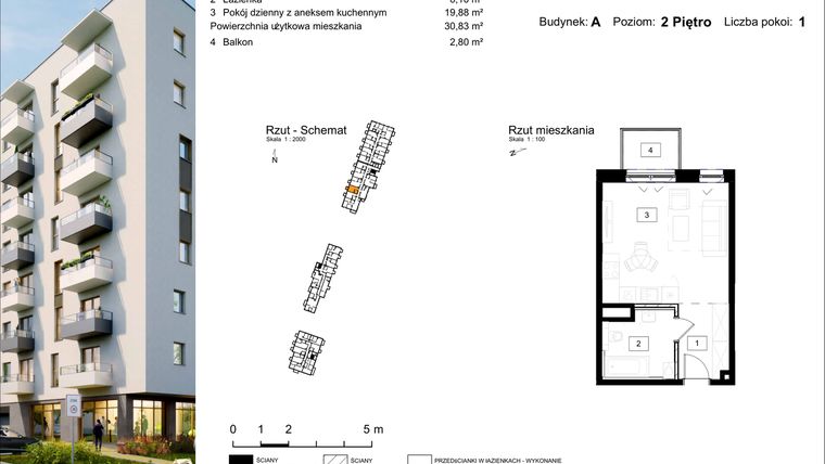 Rzut - Mieszkanie na sprzedaż 1 pokój o powierzchni 30,83 m² - numer A.22 w Osiedle Kochanowskiego - Gliwice
