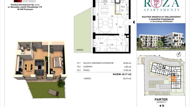 Rzut - Mieszkanie na sprzedaż 2 pokoje o powierzchni 45,17 m² - numer M  12 w Apartamenty Róża