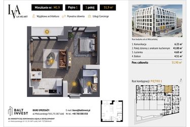 Rzut - Mieszkanie na sprzedaż 1 pokój o powierzchni 51,9 m² - numer M1.9 w La Vie Art