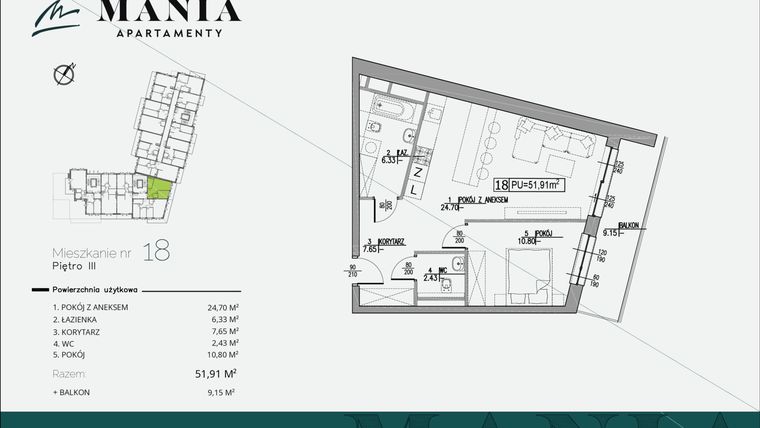 Rzut - Mieszkanie na sprzedaż 2 pokoje o powierzchni 51,91 m² - numer 18 w MANIA Apartamenty
