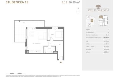 Rzut - Mieszkanie na sprzedaż 2 pokoje o powierzchni 56,89 m² - numer B.13 w Ville Garden