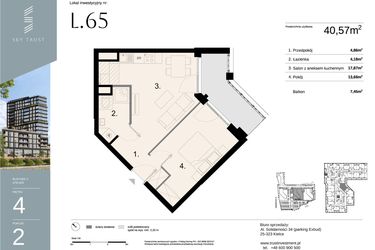 Rzut - Mieszkanie na sprzedaż 2 pokoje o powierzchni 40,57 m² - numer L65 w Sky Trust etap II - apartamenty inwestycyjne 23% VAT PRS