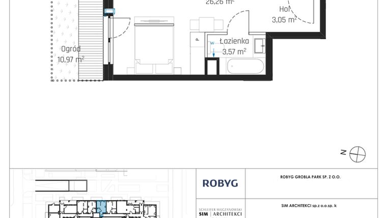 Rzut - Mieszkanie na sprzedaż 1 pokój o powierzchni 32,88 m² - numer J.0M06 w Nadmotławie Apartments etap J