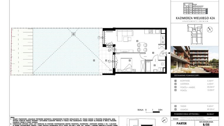 Rzut - Mieszkanie na sprzedaż 2 pokoje o powierzchni 46,86 m² - numer B05 w Kazimierza Wielkiego 42A etap II