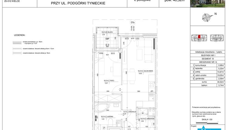 Rzut - Mieszkanie na sprzedaż 2 pokoje o powierzchni 40,52 m² - numer B14 w Podgórki Tynieckie