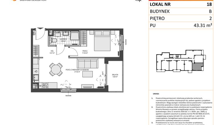 Rzut - Mieszkanie na sprzedaż 2 pokoje o powierzchni 43,31 m² - numer B18 w Przystań Brzeźno etap II