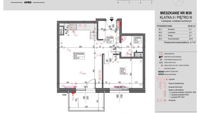 Rzut - Mieszkanie na sprzedaż 2 pokoje o powierzchni 38,8 m² - numer M38 w Antczaka 46
