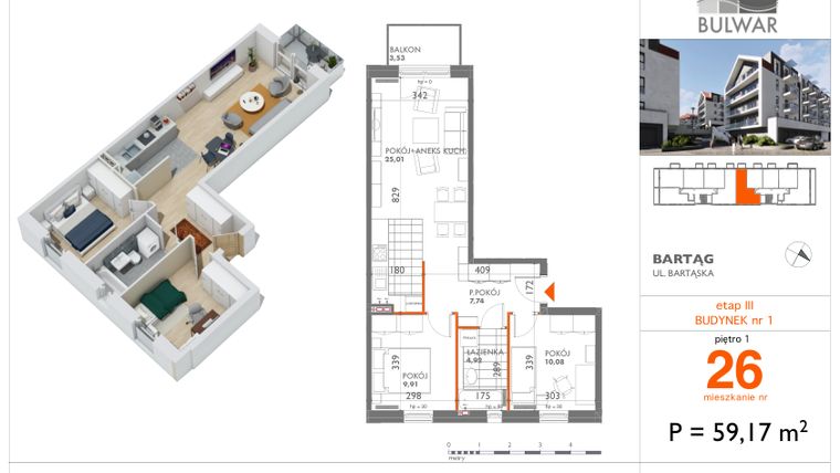 Rzut - Mieszkanie na sprzedaż 3 pokoje o powierzchni 59,17 m² - numer B3.26 w Bulwar bud. 3