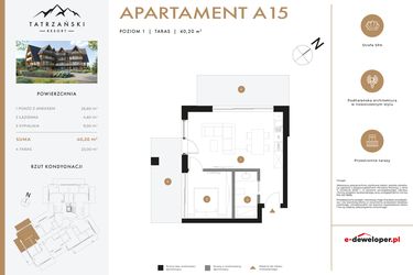 Rzut - Mieszkanie na sprzedaż 2 pokoje o powierzchni 40,2 m² - numer A15 w Tatrzański Resort