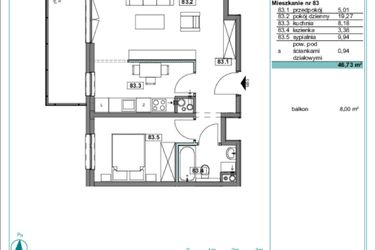 Rzut - Mieszkanie na sprzedaż 2 pokoje o powierzchni 46,57 m² - numer E.83 w Osiedle Kościuszki