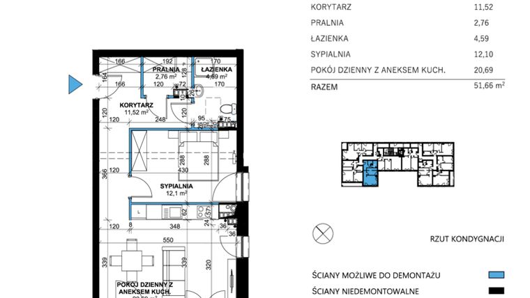 Rzut - Mieszkanie na sprzedaż 2 pokoje o powierzchni 51,73 m² - numer 21 w Comfort Corner