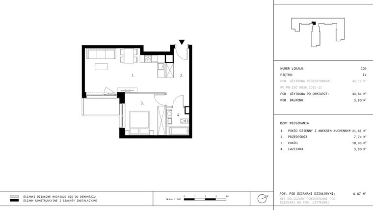 Rzut - Mieszkanie na sprzedaż 2 pokoje o powierzchni 44,84 m² - numer 4.A17 w Staszica 3