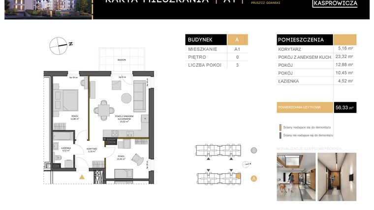 Rzut - Mieszkanie na sprzedaż 3 pokoje o powierzchni 56,33 m² - numer A.1 w Osiedle Kasprowicza