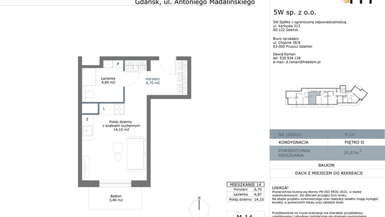 Rzut - Mieszkanie na sprzedaż 1 pokój o powierzchni 25,67 m² - numer M14 w Madalińskiego