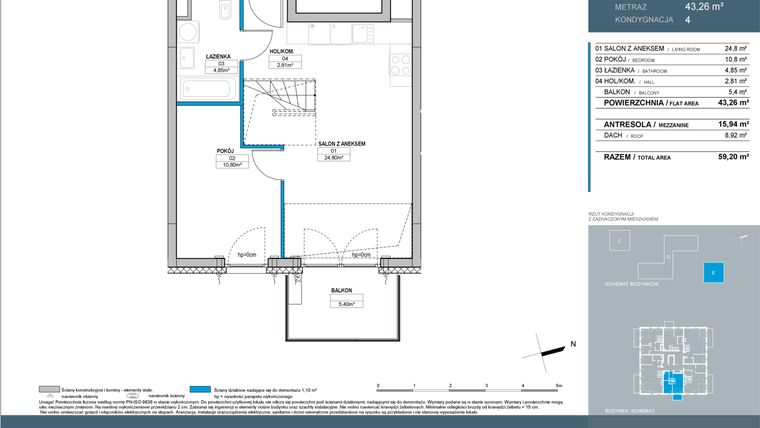 Rzut - Mieszkanie na sprzedaż 3 pokoje o powierzchni 59,2 m² - numer E.4.02 w Nordic Bemowo - etap IV
