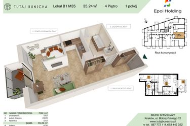 Rzut - Mieszkanie na sprzedaż 1 pokój o powierzchni 35,24 m² - numer B1.M35 w Tutaj Bunscha